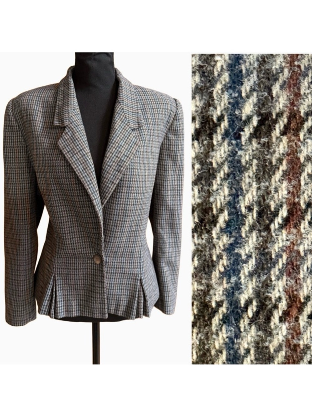 Classic Houndstooth Cropped Fitted One-Button Wool Blend Lined Blazer (12/13)